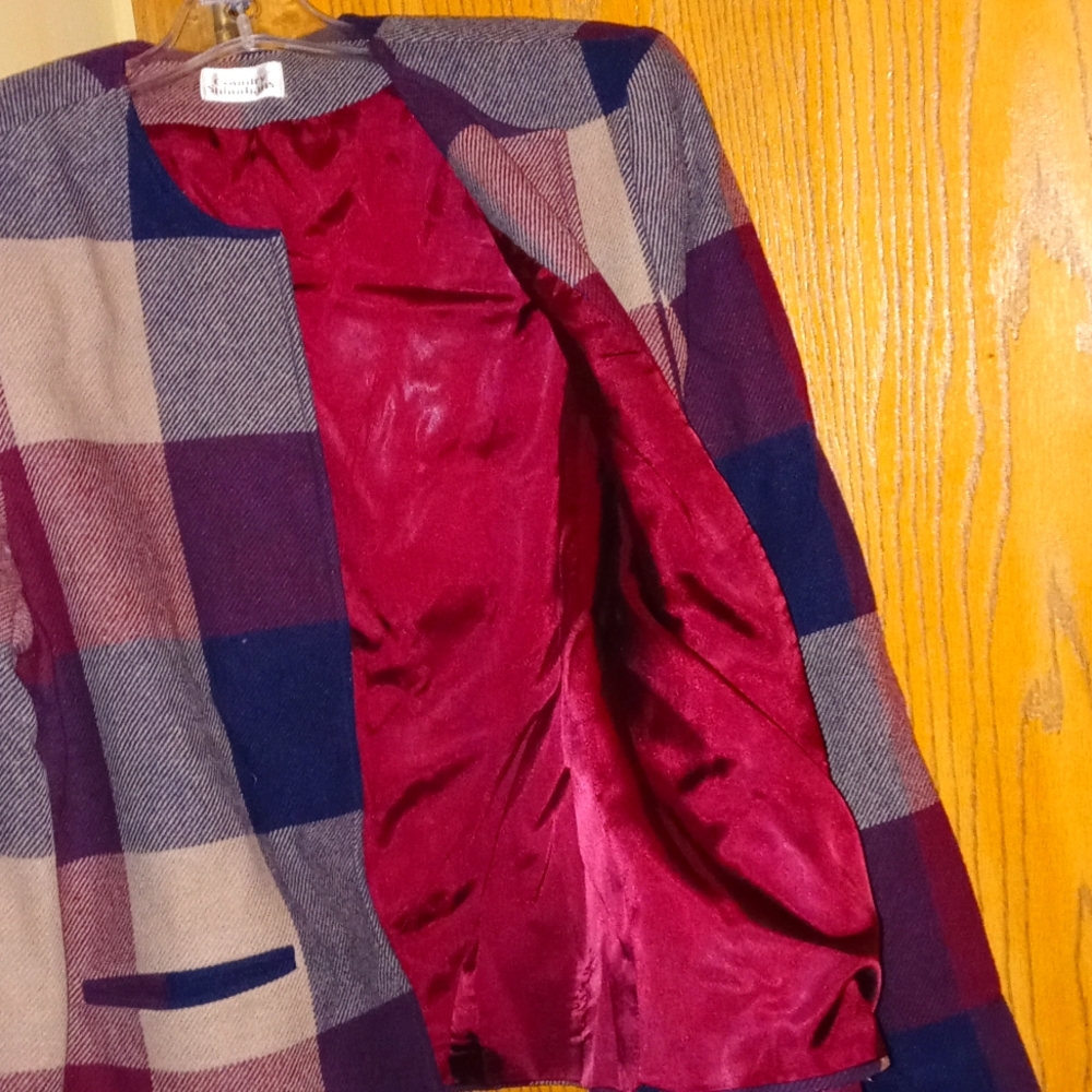 "COUNTRY SUBURBANS" Maroon/cream/dark plaid 2 pocket blazer jacket Size:16 - Picture 2 of 6
